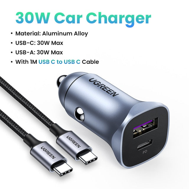 UGREEN Car Charger Type C Fast USB Charger for iPhone 13 12 Xiaomi Car Charging Quick 4.0 3.0 Charge Moible Phone PD Charger