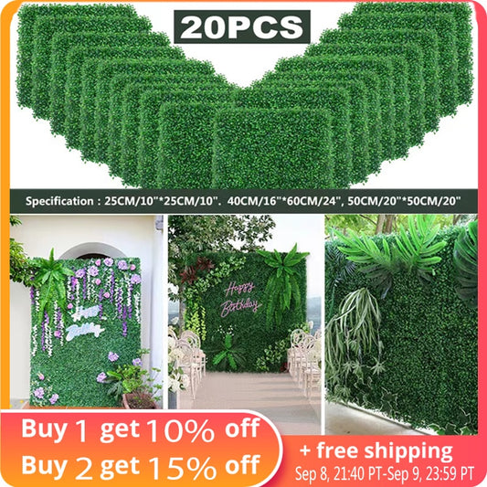 10/20pcs Artificial Plants Grass Wall Backdrop Flowers wedding Boxwood Hedge Panels for Indoor/Outdoor Garden Wall Decor 25x25cm