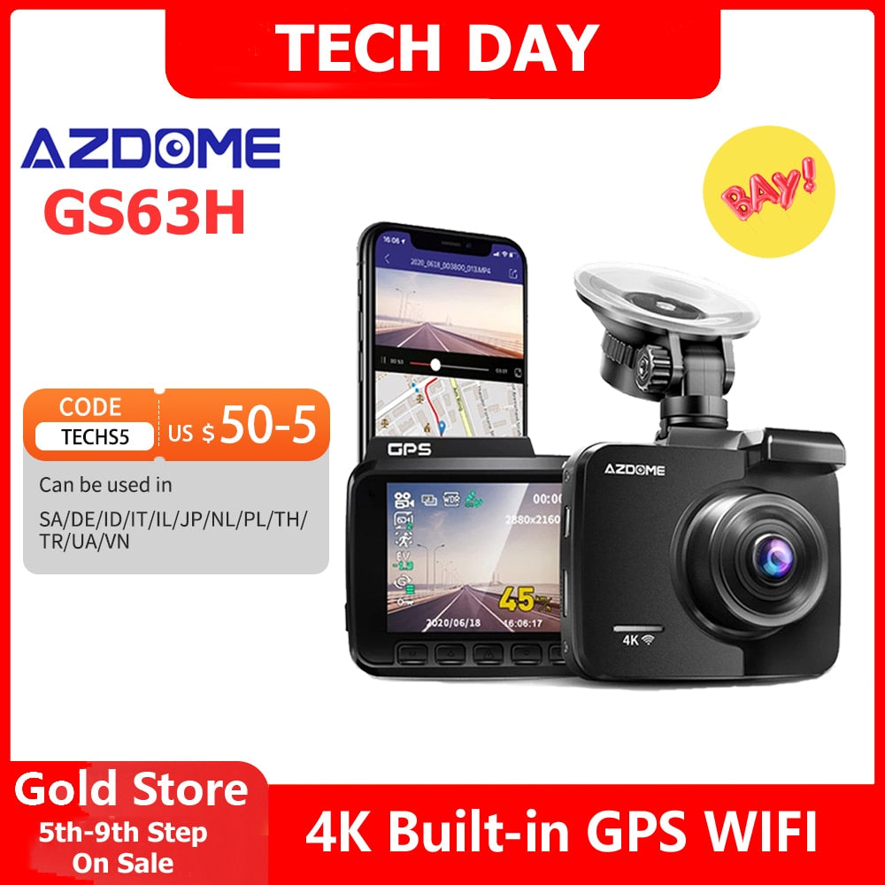 AZDOME GS63H Dash Cam Dual Lens 4K UHD Recording Car Camera DVR Night Vision WDR Built-In GPS Wi-Fi G-Sensor Motion Detection