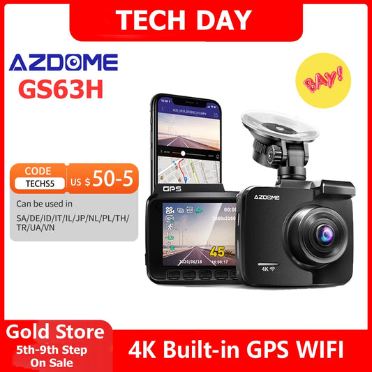 AZDOME GS63H Dash Cam Dual Lens 4K UHD Recording Car Camera DVR Night Vision WDR Built-In GPS Wi-Fi G-Sensor Motion Detection
