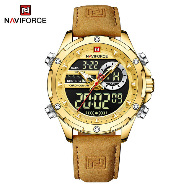 NAVIFORCE Luxury Gold Watches For Men Casual Sports Chronograph Alarm Quartz Wrist Watch Leather Waterproof Digital Clock 9163