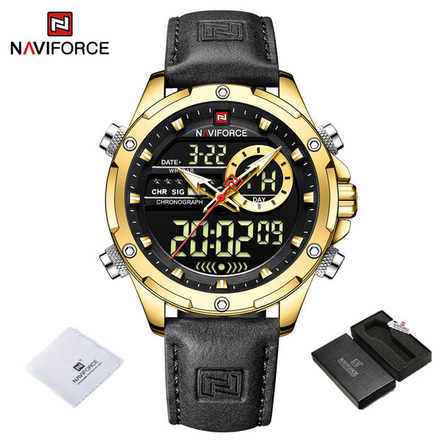 NAVIFORCE Luxury Gold Watches For Men Casual Sports Chronograph Alarm Quartz Wrist Watch Leather Waterproof Digital Clock 9163