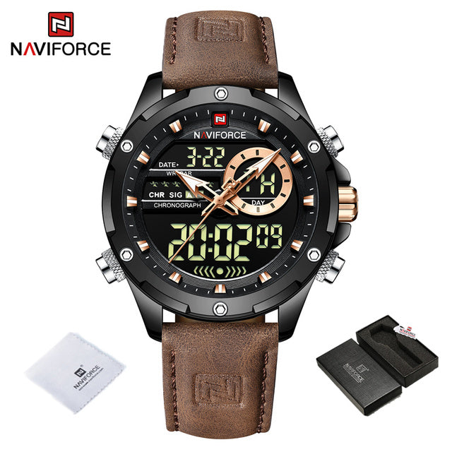NAVIFORCE Luxury Gold Watches For Men Casual Sports Chronograph Alarm Quartz Wrist Watch Leather Waterproof Digital Clock 9163