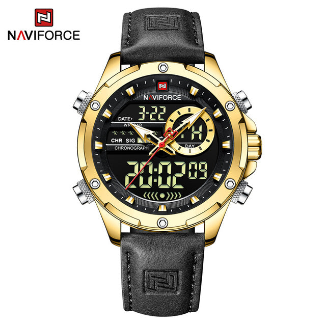 NAVIFORCE Luxury Gold Watches For Men Casual Sports Chronograph Alarm Quartz Wrist Watch Leather Waterproof Digital Clock 9163