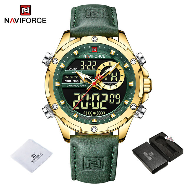 NAVIFORCE Luxury Gold Watches For Men Casual Sports Chronograph Alarm Quartz Wrist Watch Leather Waterproof Digital Clock 9163