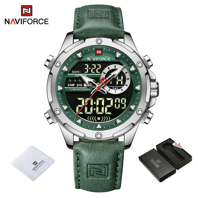 NAVIFORCE Luxury Gold Watches For Men Casual Sports Chronograph Alarm Quartz Wrist Watch Leather Waterproof Digital Clock 9163
