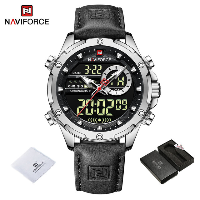NAVIFORCE Luxury Gold Watches For Men Casual Sports Chronograph Alarm Quartz Wrist Watch Leather Waterproof Digital Clock 9163