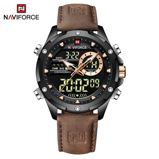 NAVIFORCE Luxury Gold Watches For Men Casual Sports Chronograph Alarm Quartz Wrist Watch Leather Waterproof Digital Clock 9163