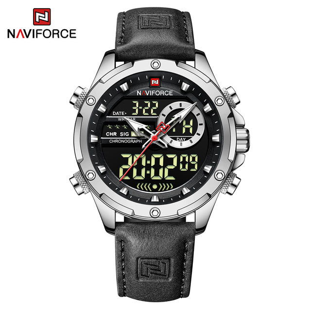 NAVIFORCE Luxury Gold Watches For Men Casual Sports Chronograph Alarm Quartz Wrist Watch Leather Waterproof Digital Clock 9163