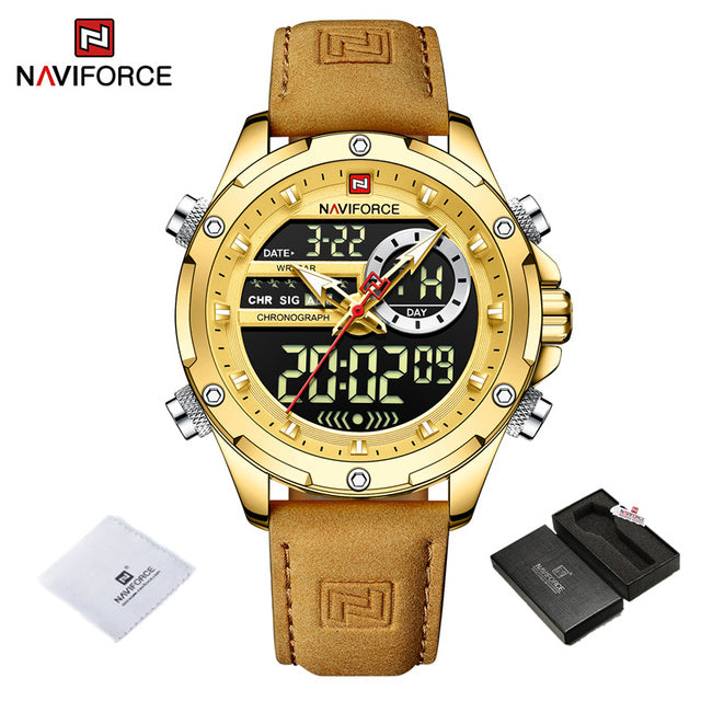 NAVIFORCE Luxury Gold Watches For Men Casual Sports Chronograph Alarm Quartz Wrist Watch Leather Waterproof Digital Clock 9163