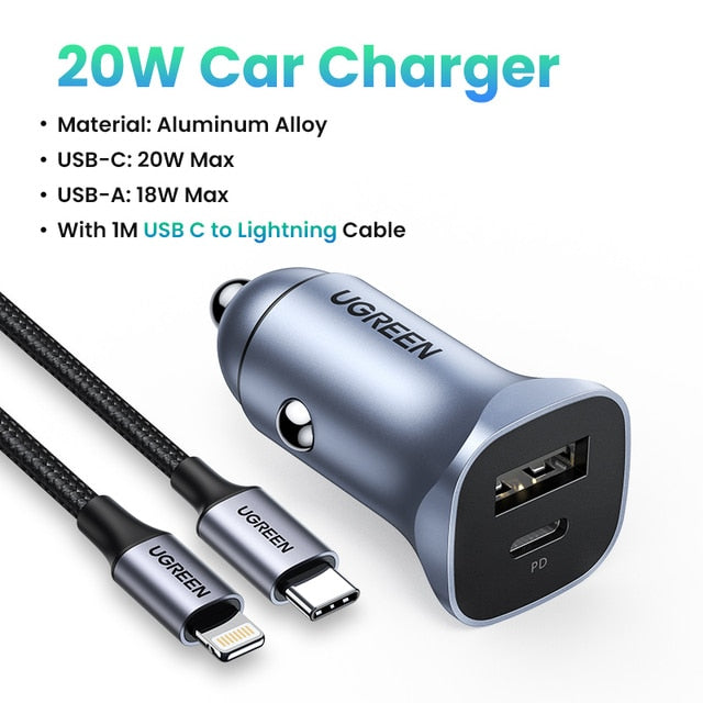 UGREEN Car Charger Type C Fast USB Charger for iPhone 13 12 Xiaomi Car Charging Quick 4.0 3.0 Charge Moible Phone PD Charger