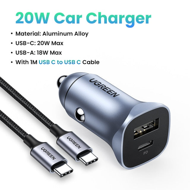 UGREEN Car Charger Type C Fast USB Charger for iPhone 13 12 Xiaomi Car Charging Quick 4.0 3.0 Charge Moible Phone PD Charger